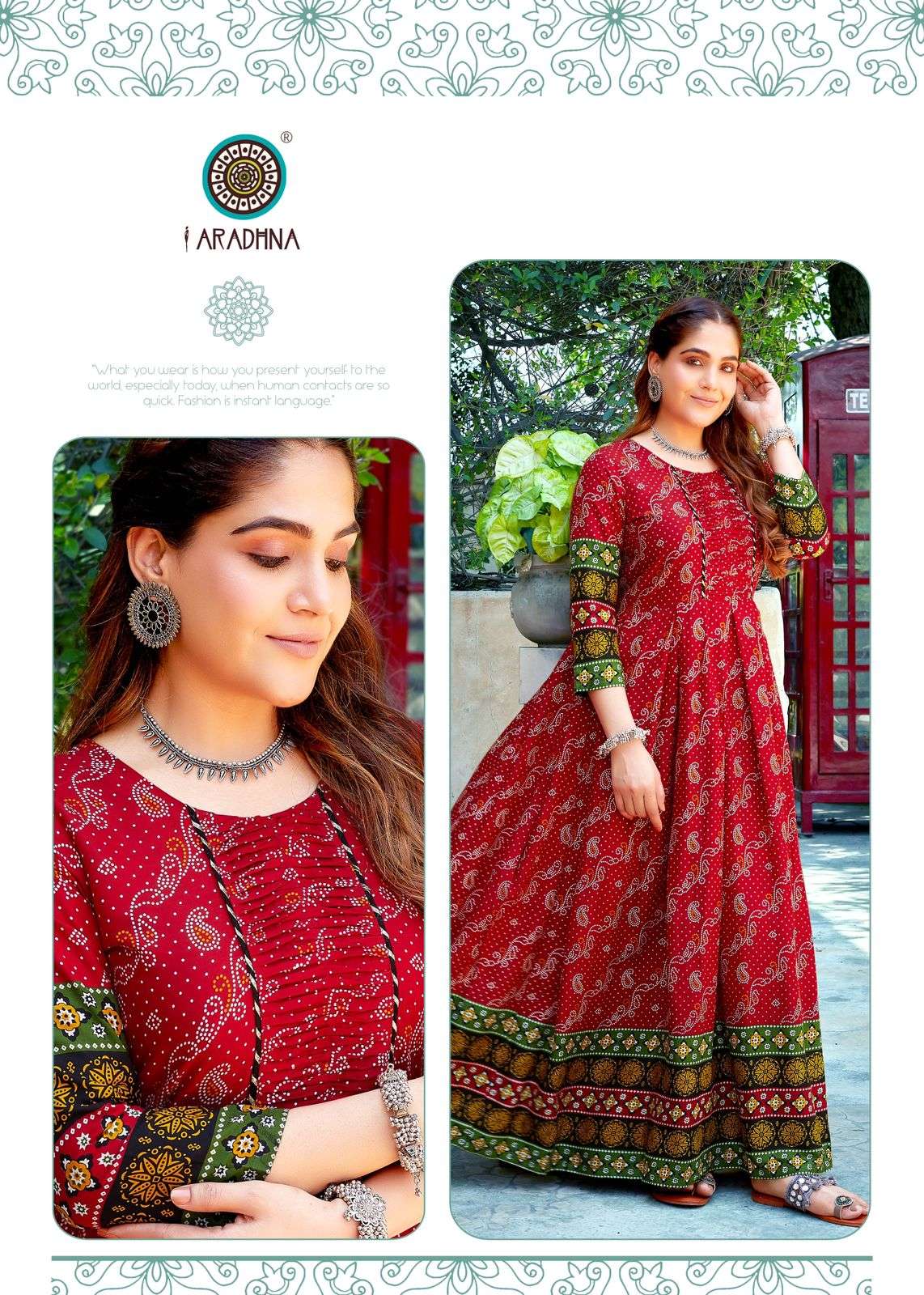 BANDHANI VOL 4 RAYON BANDHANI PRINT EMBROIDERY WORK LIVA TAG LONG GOWN KURTI BY ARADHNA BRAND 4004 C